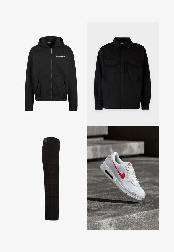 Must mustama zip-up kapuutsiga jakk puuvilla segust, millel on kenguru tasku, soonikkoes varrukad ja logo trükitud vasakule rinnaosale.; Jack & Jones JCOHELVETICA PARACHUTE OVERSHIRT - Pluus - black; Mustad tööpüksid, millel on mitmed suured lapi-taskud, vöölingid ja sirge sääre lõige, näidatud küljelt.; Valge Nike toss punase švungi logoga ja nähtava õhkpatjadega tallaga, hõljumas hallide betoonastmete kohal õues.