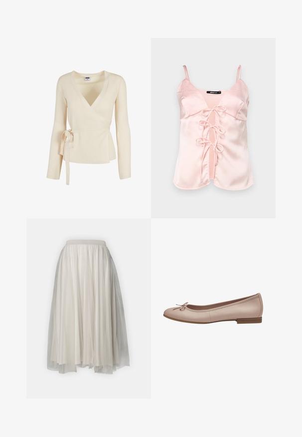 Top envolvente de canalé color beige con un profundo escote en V, mangas largas y un detalle atado en la cintura. Textura suave con un patrón sutil.; Top de satén rosa con tirantes ajustables, que presenta un cierre frontal con lazo y un diseño con escote en V. Textura suave y líneas limpias.; Falda blanca de varias capas con un tejido interior suave y una capa exterior de tul translúcido, con una cinturilla elástica para mayor comodidad.; Bailarinas de cuero rosa claro con punta redonda, pequeño tacón marrón y un lazo decorativo en la parte delantera. Textura suave y diseño sencillo.