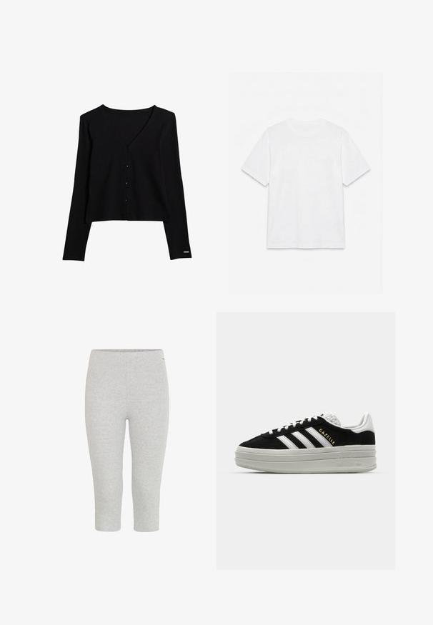 Cárdigan negro de algodón con mangas largas, diseño de cuello en V, cierre frontal de botones y detalle sutil de la marca en el dobladillo inferior.; Camiseta blanca lisa de manga corta con cuello redondo, colocada plana sobre un fondo blanco.; Leggings capri elásticos grises con una textura suave y una cinturilla elástica, que presentan un diseño ajustado y sin patrones ni acentos visibles.; Zapatillas negras de ante con detalles en cuero blanco, tres rayas blancas, cordones planos y una gruesa suela de plataforma gris. Marca "Gazelle" en dorado.