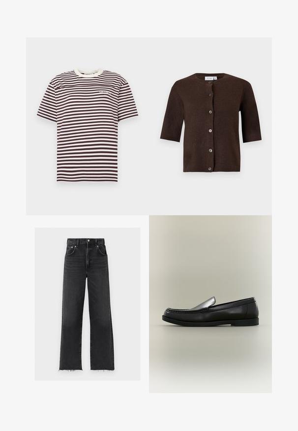 Σκούρο καφέ ζακέτα με κοντά μανίκια, στρογγυλή λαιμόκοψη και έξι κουμπιά μπροστά, που παρουσιάζεται σε απλό ανοιχτό φόντο.; Ριγέ κοντομάνικη μπλούζα με εναλλασσόμενες οριζόντιες γραμμές σε σκούρο καφέ και λευκό και μικρό λογότυπο στο αριστερό μέρος του στήθους.; Μαύρα τζιν ψηλόμεσα με φαρδιά μπατζάκια, πέντε τσέπες, ασημί κουμπί, φερμουάρ και ξεφτισμένα τελειώματα.; Μαύρος δερμάτινος μοκασίνι με ραφές moc toe, χαμηλό τακούνι και σχέδιο slip-on σε ουδέτερο φόντο.
