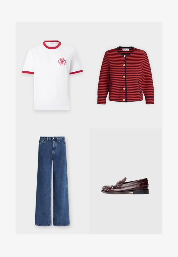Cardigan rayé horizontal rouge et bleu marine avec encolure ronde, manches longues, boutons dorés devant et poignets ajustés sur un fond uni.; T-shirt blanc à manches courtes avec col et bordures de manches rouges, avec un petit logo circulaire rouge "JOOP! Jeans" sur la poitrine gauche.; Jean en denim bleu taille haute avec jambes larges, fermeture avant par boutons et fermeture éclair, et poches avant et arrière.; Mocassin penny en cuir bordeaux avec semelle noire et détail en métal doré sur le dessus, présenté en vue latérale sur fond blanc.