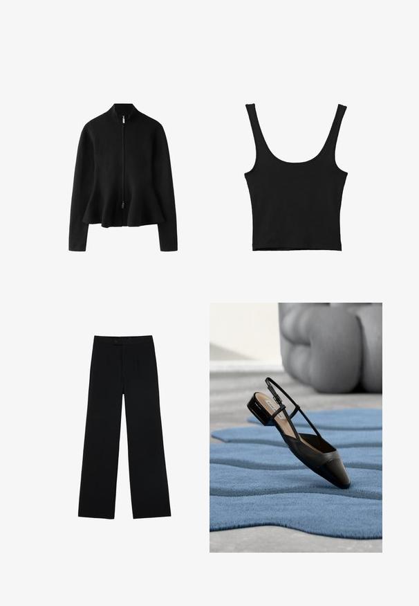 Schwarzer langärmeliger Reißverschluss-Pullover mit geripptem hohem Kragen und leicht ausgestelltem Saum vor weißem Hintergrund.; Schwarzes verkürztes Tanktop mit breiten Trägern, aus weichem Material, mit glatter Textur und minimalistischem Design.; Schwarze weit geschnittene Hosen aus glattem Stoff, mit einem Frontknopfverschluss und zwei Falten für zusätzliche Details. Maßgeschneiderter Gesamteindruck.; Schwarzer Slingback-Schuh aus Lackleder mit niedrigem Blockabsatz, der auf einem strukturierten blauen wellenförmigen Teppich und grauen gepolsterten Möbeln ruht.