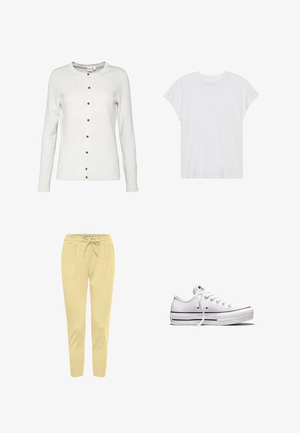GAP Chaqueta de punto - snowflake milk; Camiseta blanca de manga corta con cuello redondo, corte relajado, hecha de suave tela de algodón. Textura lisa, sin estampados ni logotipos.; Pantalones jogger de color amarillo claro, hechos de una tela suave, que cuentan con una cintura elástica con cordón y bolsillos laterales.; Zapatilla blanca de lona de corte bajo con cordones blancos, suela de goma, detalles de rayas negras y parche de logo en la lengüeta y el talón.