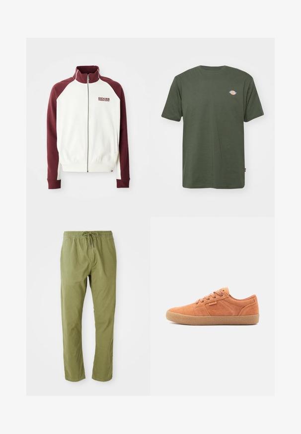 Zipped sweatshirt i off-white med maroon raglanærmer. Har ribbede manchetter og kant, samt et lille logo på brystet. Glat tekstur.; Olivengrøn bomulds T-shirt med rund hals, korte ærmer og et lille farvet logo på brystet. Glat tekstur, afslappet design.; Olivenfarvede afslappede bukser med elastisk talje og snoretræk. Fremstillet af blødt stof med en glat overflade og lige ben.; Tan ruskinds sneakers med en tekstureret overflade, rund tå og gummisål. Har snørebåndsdesign og syede detaljer på siderne.