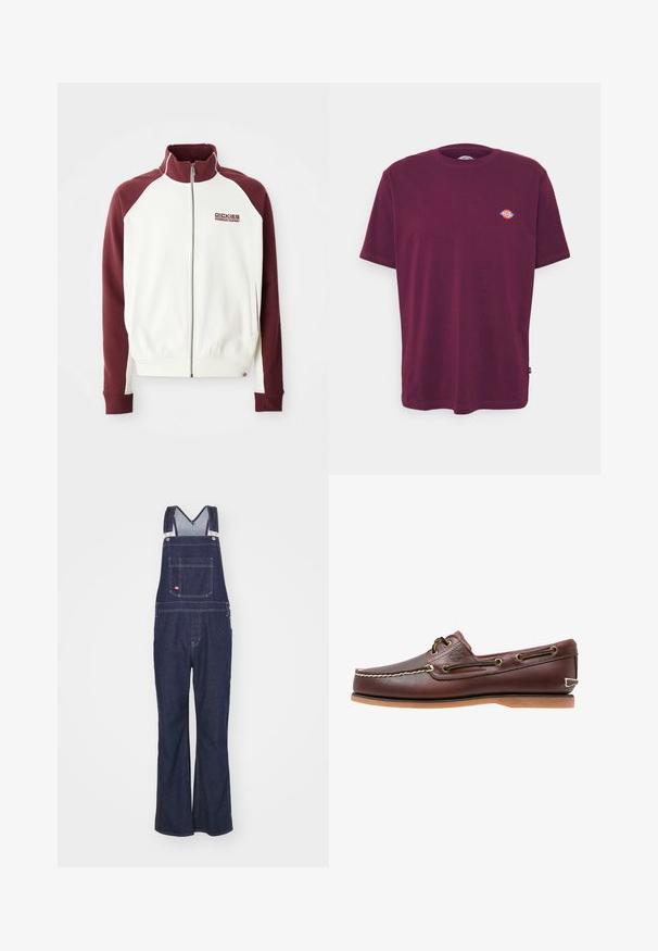 Rits-top in gebroken wit met kastanjebruine raglanmouwen. Voorzien van ribboorden aan de mouwen en onderkant, en een klein logo op de borst. Gladde textuur.; Bordeaux katoenen T-shirt met een ronde hals, korte mouwen en een klein meerkleurig logo op de borst. Gladde textuur, standaard pasvorm.; Dickies CLASSIC - Straight leg jeans - rinsed; Bruine leren bootschoen met witte stiksels, veterdetails en beige rubberen zool, zijaanzicht op een witte achtergrond.