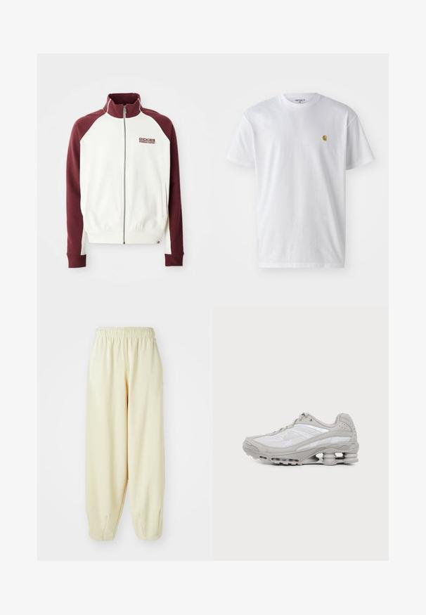 Reißverschluss-Sweatshirt in Off-White mit burgunderfarbenen Raglanärmeln. Verfügt über gerippte Bündchen und Saum sowie ein kleines Logo auf der Brust. Glatte Textur.; Weißes Baumwoll-T-Shirt mit kurzen Ärmeln, Rundhalsausschnitt, mit einem kleinen goldenen Logo im linken Brustbereich. Weicher Stoff und normale Passform.; Cremefarbene Sweatpants mit einem elastischen Bund, schmal zulaufenden Beinen und einer lockeren Passform. Hergestellt aus weichem, leichtem Material.; Grauer und weißer Sportschuh mit sichtbarer Luftpolstersohle und Mesh-Einsätzen, im Profil auf einfachem hellem Hintergrund gezeigt.
