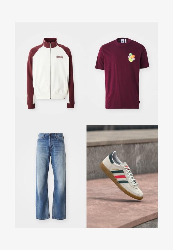 Rits-top in gebroken wit met kastanjebruine raglanmouwen. Voorzien van ribboorden aan de mouwen en onderkant, en een klein logo op de borst. Gladde textuur.; Bordeaux katoen T-shirt met korte mouwen en een ronde hals. Voorzien van een geborduurd ontwerp op de linkerkant van de borst, inclusief kleurrijke cirkelvormige patronen.; Blauwe denim straight-leg jeans met lichte vervaging op de dijen en knieën, met vijf zakken en een knoopsluiting.; Witte Adidas sneaker met groene en rode strepen, rubberen zool en "SPEZIAL" branding die boven een stenen bestrating zweeft.