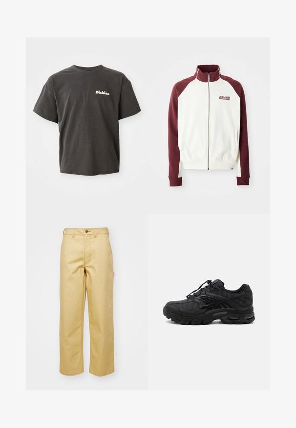 Rits-top in gebroken wit met kastanjebruine raglanmouwen. Voorzien van ribboorden aan de mouwen en onderkant, en een klein logo op de borst. Gladde textuur.; Donkergrijze t-shirt met korte mouwen en het logo "Dickies." in het wit op de linkerkant van de borst, ronde hals en een relaxed fit.; Beige, wijde broek van katoen met een sluiting aan de voorkant, riemlussen en zijzakken. Soepele textuur met zichtbare stikdetails.; Zwarte atletische sneaker met textuurstof, dikke gevoerde zool, luchtopeningen en vetersluiting, vanaf de zijkant weergegeven tegen een lichte achtergrond.