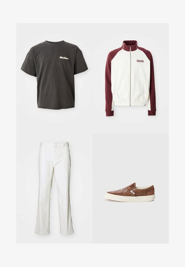 Rits-top in gebroken wit met kastanjebruine raglanmouwen. Voorzien van ribboorden aan de mouwen en onderkant, en een klein logo op de borst. Gladde textuur.; Donkergrijze t-shirt met korte mouwen en het logo "Dickies." in het wit op de linkerkant van de borst, ronde hals en een relaxed fit.; Witte katoenen broek met een rechte pasvorm, voorzien van een tailleband en standaardzakken. De stof lijkt glad en heeft een lichte structuur.; Vans CLASSIC SLIP ON UNISEX - Sneakers laag - potting soil/marshmallow