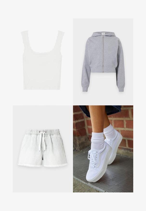 Sweat à capuche gris clair court zippé, manches longues, poignets et ourlet côtelés, avec capuche attachée.; Débardeur blanc à côtes avec des bordures festonnées sur les bretelles et le col, doté d'une coupe ajustée et d'une texture douce.; Shorts en denim gris clair avec une ceinture élastique, fermeture à cordon et ourlet effiloché. Comprend deux poches latérales et une coupe décontractée.; Baskets en toile blanches avec semelles en caoutchouc, dotées de six œillets, d'un bout rond et de détails de couture légers, portées avec des chaussettes blanches mi-mollet.