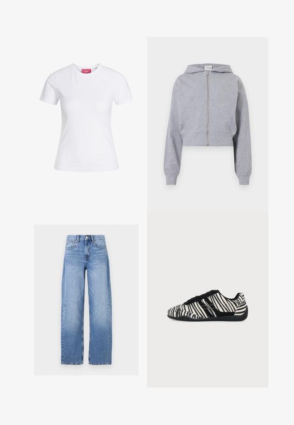 Sweat à capuche gris clair court zippé, manches longues, poignets et ourlet côtelés, avec capuche attachée.; T-shirt blanc moulant à manches courtes avec col rond, étiquette rose JJXX à l'intérieur du col, présenté sur un fond uni.; Jean taille haute en denim bleu clair avec jambes larges, bouton et zip à l'avant, passants de ceinture et style cinq poches.; Baskets à lacets noires et blanches avec motif rayures zèbre et semelle noire texturée sur un fond clair uni.