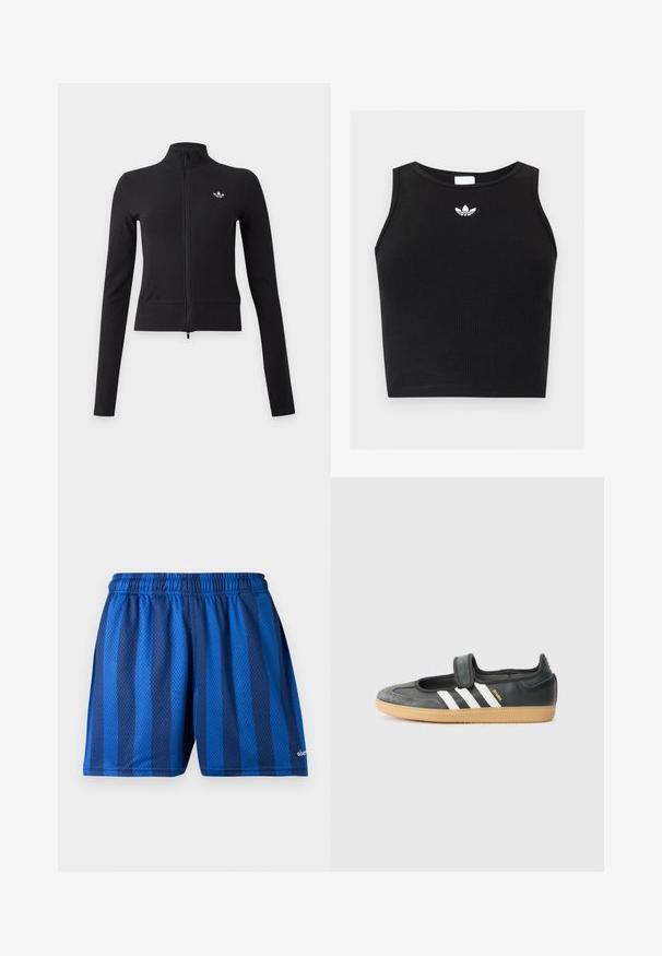 Veste noire à manches longues avec fermeture éclair intégrale, col montant et petit logo blanc Adidas trefoil sur la poitrine gauche.; Crop top noir côtelé sans manches avec encolure ronde et petit logo blanc Adidas trefoil centré près du col.; Shorts de sport bleus avec des rayures verticales foncées et claires et une ceinture élastique en tissu maille respirant.; Sneaker en cuir noir et suède avec une sangle Velcro, arborant trois bandes blanches et une semelle en caoutchouc, étiqueté "SAMBA" sur le côté.
