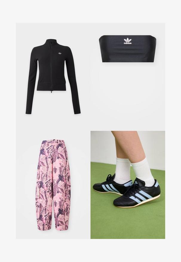 Juoda ilga rankovė su pilnu užtrauktuku striukė su aukšta apykakle ir mažu baltu Adidas trefoil logotipu kairėje krūtinės pusėje.; Juodas bandeau tipo viršus, pagamintas iš glotnaus audinio, su baltu Adidas logotipu, esančiu centre priekyje, be jokių papildomų raštų ar puošmenų.; Rožinės ir violetinės spalvos plačios kelnės su lapų ir šakelių raštu, aukštu liemeniu ir šoniniais kišenėmis papildomai funkcionalumui.; Juodos odinės sportinės batelės su šviesiai mėlynomis juostelėmis, tekstūruotais viršutiniais sluoksniais ir guminiu padu, derinamos su baltomis raukšlėtomis kojinėmis ant žalios grindų.