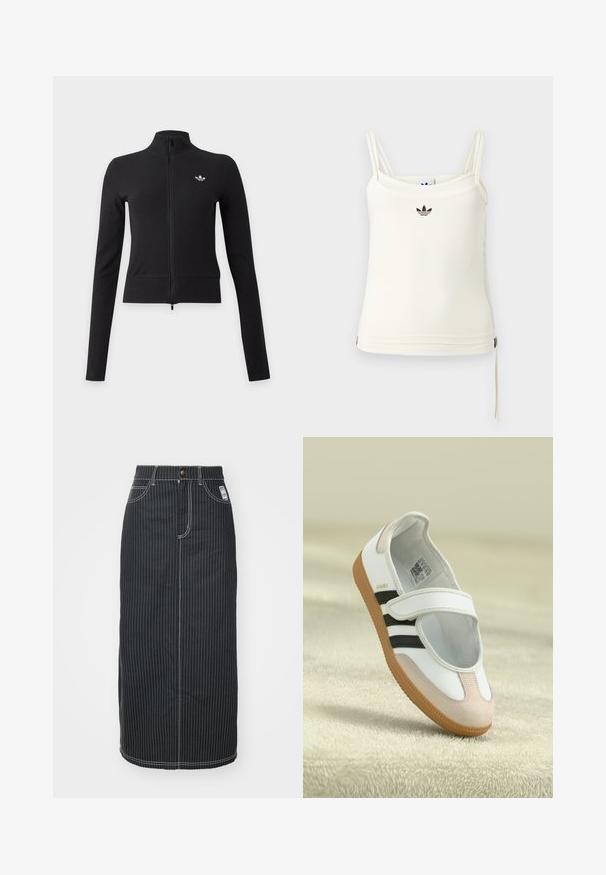Chaqueta negra de manga larga con cremallera completa, cuello alto y pequeño logotipo blanco de Adidas trefoil en el pecho izquierdo.; Camiseta sin mangas color crema con tirantes finos; logotipo de Adidas en negro en el pecho. Tela suave con detalle de cordón en el dobladillo. Diseño sencillo.; Falda midi de mezclilla negra con rayas verticales blancas. Presenta una cintura con botones, dos bolsillos delanteros y costuras de contraste. Diseño ajustado recto.; Zapato blanco con puntera de ante rosa, rayas negras y una correa de Velcro. Cuenta con una suela de goma color tostado y un logo en el lateral.