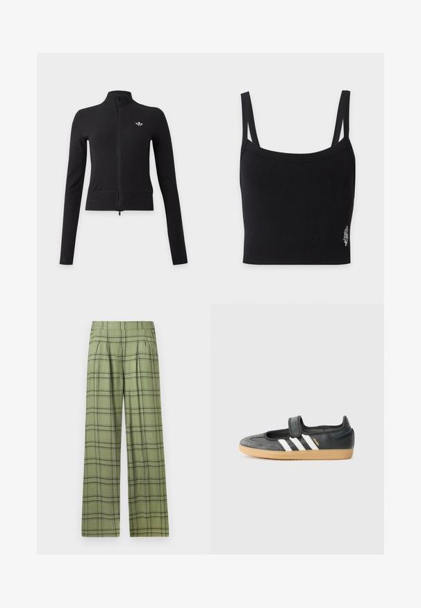 Čierna dlhá bunda so zipsom, vysokým golierom a malým bielym logom Adidas trefoil na ľavej strane hrudníka.; Čierny rebrovaný skrátený top s tenkými ramienkami a malým bielym kvetinovým vzorom pri spodnom pravom okraji.; Zelené široké nohavice s čiernym kockovaným vzorom a vysokým pásom, prednými skladmi a bočnými vreckami.; Čierne kožené a zamšové tenisky s Velcro pásikom, s tromi bielymi pruhmi a gumenou podrážkou, označené nápisom "SAMBA" na boku.