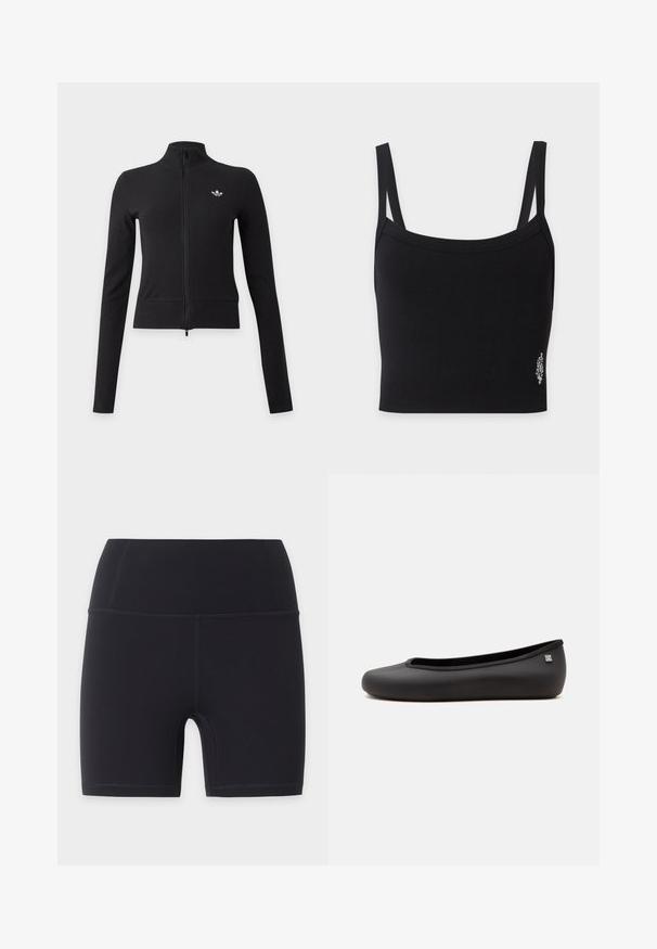 Veste noire à manches longues avec fermeture éclair intégrale, col montant et petit logo blanc Adidas trefoil sur la poitrine gauche.; Débardeur court noir côtelé avec de fines bretelles et un petit motif floral blanc près du bas à droite.; Shorts de cyclisme sportifs noirs taille haute avec coutures plates, conçus pour une coupe ajustée et une longueur mi-cuisse.; Chaussure ballerine plate noire avec bout rond et petit logo argenté sur le côté du talon, présentée sur fond blanc uni.