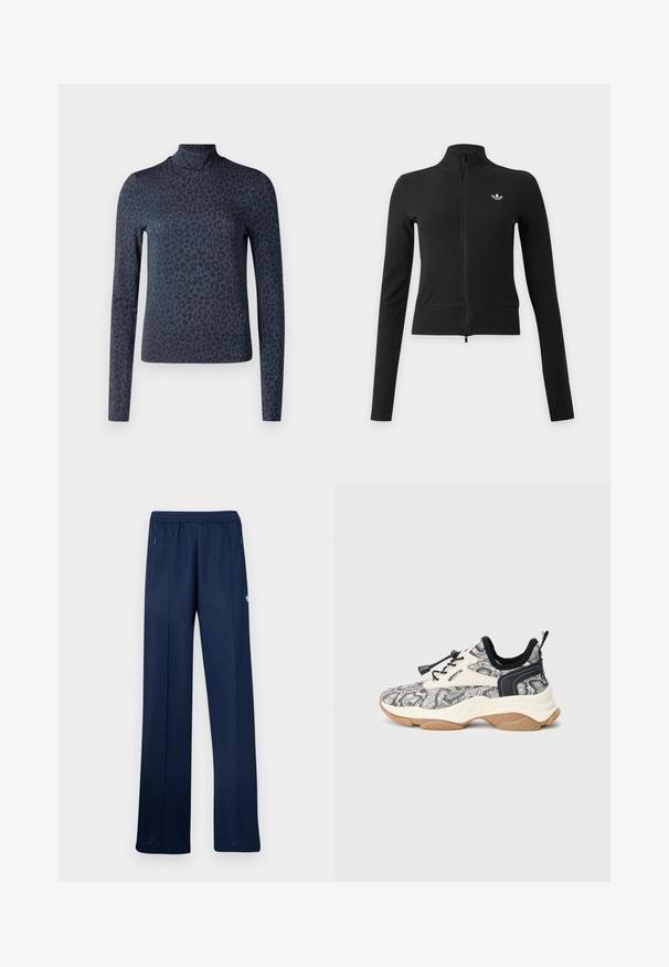 Čierna dlhá bunda so zipsom, vysokým golierom a malým bielym logom Adidas trefoil na ľavej strane hrudníka.; Dlhý rukáv s rolákom v tmavomodrej farbe s jemným vzorom leopardích škvŕn. Vyrobený z hladkej látky, s priliehavým strihom.; Tmavomodré teplákové nohavice s elastickým pásom, bočnými vreckami na zips, rovnými nohavicami a malým bielym logom na pravom stehne.; Tenisky so štruktúrovaným čierno-bielym vzorom pripomínajúcim hadiu kožu na zvršku, kontrastnými čiernymi detailmi, nastaviteľným šnurovaním a hrubou krémovou podrážkou.