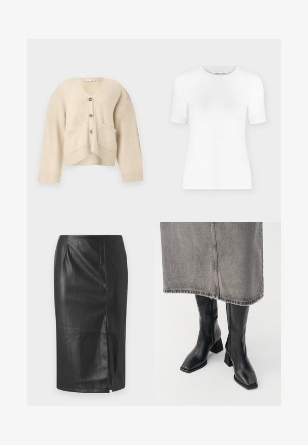 Beige cardigan med V-hals, to forlommer og fem knapper. Har ribbede ærmer og kant med et blødt, struktureret materiale.; Hvid T-shirt med rund hals, korte ærmer, slank pasform og ribbet stofstruktur, vist på en ensfarvet lys grå baggrund.; Sorte læder blyant nederdel med et strømlinet design, der har en sideslids og en glat tekstur, velegnet til formelle eller afslappede anledninger.; Sorte knæhøje støvler i glat læder med firkantet tå og blokeret hæl. Båret med en grå denimnederdel med flosset kant.