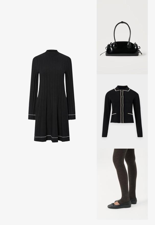 Cardigan noir avec un col, passepoil crème le long du col et des poches, et six boutons sur le devant. Il présente des manches longues et un design court.; Robe en maille côtelée noire à manches longues avec col montant et détails en blanc sur les poignets et l'ourlet.; Jambes portant des leggings côtelés foncés associés à des ballerines noires avec de petits détails en nœud sur fond blanc.; Petit sac à main noir brillant avec deux longues anses et des détails à cordon sur les côtés sur un fond clair uni.