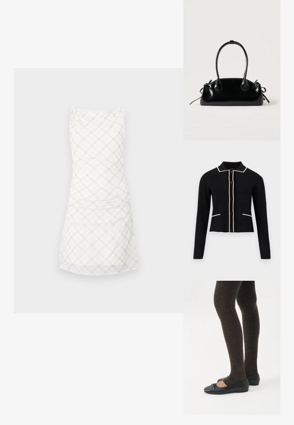 Cardigan noir avec un col, passepoil crème le long du col et des poches, et six boutons sur le devant. Il présente des manches longues et un design court.; Robe blanche avec un motif à carreaux en gris clair. Le design comprend un corsage ajusté avec des fronces et une jupe droite arrivant au genou.; Jambes portant des leggings côtelés foncés associés à des ballerines noires avec de petits détails en nœud sur fond blanc.; Petit sac à main noir brillant avec deux longues anses et des détails à cordon sur les côtés sur un fond clair uni.