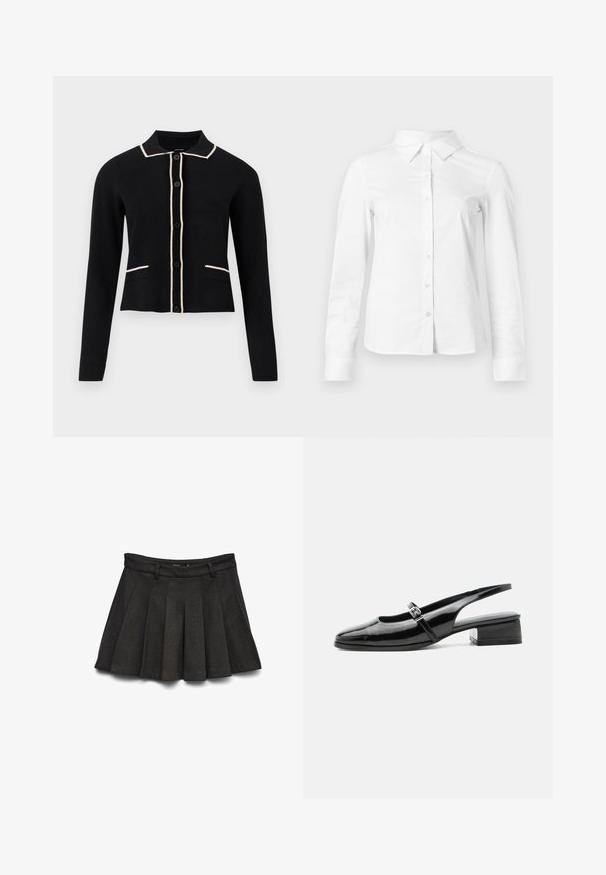 Μαύρο cardigan με γιακά, κρέμα γαζί κατά μήκος του γιακά και των τσεπών, και έξι κουμπιά μπροστά. Έχει μακριά μανίκια και cropped σχέδιο.; Λευκό πουκάμισο με μακριά μανίκια κουμπιά, με μυτερό γιακά, ίσια τελείωμα και εφαρμοστή σιλουέτα, εμφανίζεται σε απλό φωτεινό φόντο.; Μαύρη πτυχωτή φούστα από υφασμένο ύφασμα, με ζώνη που διαθέτει βρόχους για ζώνη και κρυφό φερμουάρ στο πίσω μέρος.; Μαύρο παπούτσι slingback από λουστρίνι με χαμηλό τετράγωνο τακούνι και λεπτό λουράκι με ασημένια αγκράφα στο πάνω μέρος.