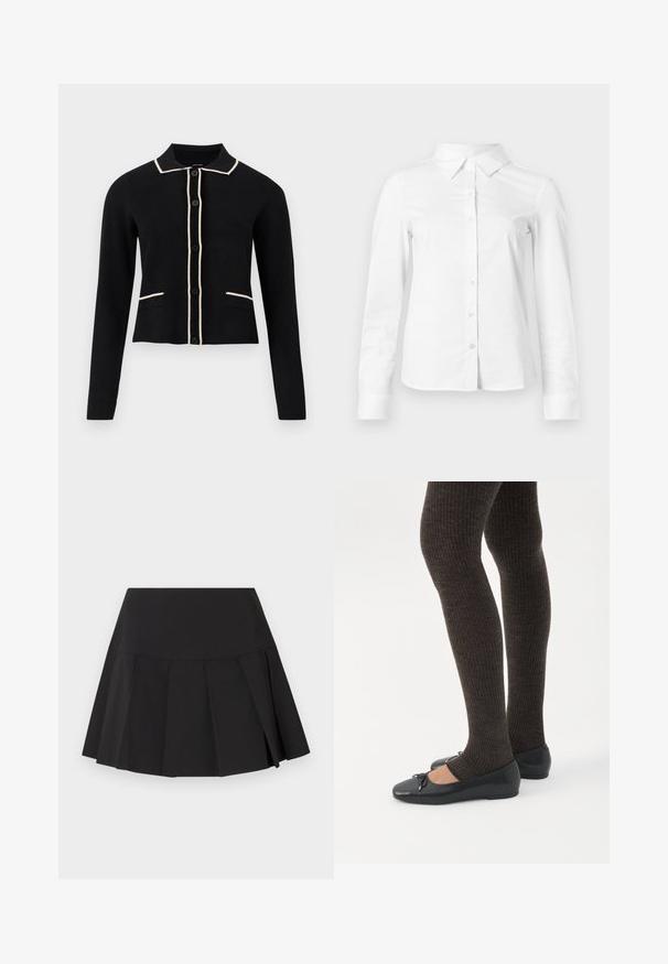 Cardigan noir avec un col, passepoil crème le long du col et des poches, et six boutons sur le devant. Il présente des manches longues et un design court.; Chemise blanche à manches longues avec boutons, col pointu, ourlet droit et silhouette ajustée, présentée sur un fond clair uni.; Mini-jupe plissée noire avec une large ceinture, des plis verticaux espacés uniformément et un ourlet légèrement évasé.; Jambes portant des leggings côtelés foncés associés à des ballerines noires avec de petits détails en nœud sur fond blanc.
