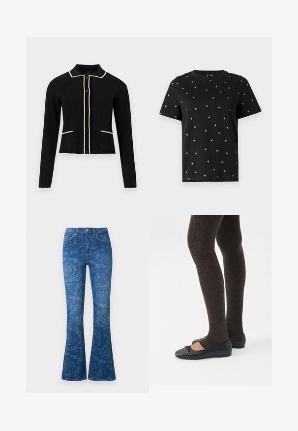 Μαύρο cardigan με γιακά, κρέμα γαζί κατά μήκος του γιακά και των τσεπών, και έξι κουμπιά μπροστά. Έχει μακριά μανίκια και cropped σχέδιο.; Μαύρο κοντομάνικο T-shirt από βαμβάκι, με μικρά χρυσά σχέδια σε σχήμα καρδιάς ομοιόμορφα κατανεμημένα σε όλη την επιφάνεια. Στρογγυλή λαιμόκοψη.; Τζιν παντελόνια καμπάνα σε σκούρο μπλε, με λεπτό λουλουδένιο μοτίβο, σχεδιασμό με πέντε τσέπες, εμπρόσθιο κούμπωμα με κουμπιά και τυπική μέση.; Πόδια με σκουρόχρωμα ριμπ κολάν συνδυασμένα με μαύρα μπαλαρίνα παπούτσια με μικρές λεπτομέρειες φιόγκων σε λευκό φόντο.