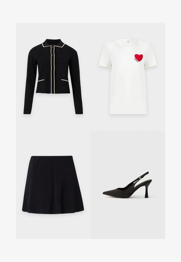Cardigan noir avec un col, passepoil crème le long du col et des poches, et six boutons sur le devant. Il présente des manches longues et un design court.; T-shirt blanc à manches courtes avec un cœur rouge et le mot "AMOUR" imprimé sur la zone gauche de la poitrine.; Jupe noire, longueur au-dessus du genou, fabriquée dans un tissu léger avec une texture subtile, dotée d'un design évasé et d'une ceinture élastique.; Chaussures à talons noires avec une bride, à bout pointu, finition mate lisse et talon fin brillant. Sangle ajustable avec petit détail de boucle.