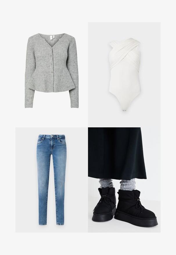 Cardigan gris côtelé à manches longues, col en V, et cinq boutons argentés sur le devant. Présente une taille ajustée et un tissu texturé.; Bodysuit blanc avec un design croisé, fabriqué en tissu lisse et extensible ; présente des détails froncés à l'avant et une fermeture à pressions au bas.; Jean en denim bleu avec une coupe slim, cinq poches et une fermeture à bouton. Le tissu présente une texture légèrement délavée.; Bottines noires rembourrées avec semelles plates, lacets et coutures proéminentes. Associées à des chaussettes à côtes grises qui dépassent, portées avec une jupe sombre.