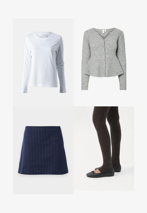 Cárdigan gris acanalado con mangas largas, escote en V y cinco botones plateados en la parte delantera. Cuenta con cintura ajustada y tejido texturizado.; Camiseta blanca de manga larga hecha de algodón suave. Presenta un cuello redondo y mangas ajustadas. Textura suave con un diseño liso.; Falda azul marino con finas rayas verticales blancas y un corte recto, por encima de la rodilla, mostrada sobre un fondo blanco liso.; Piernas con leggings oscuros acanalados combinados con bailarinas negras que presentan pequeños detalles de lazo sobre un fondo blanco.