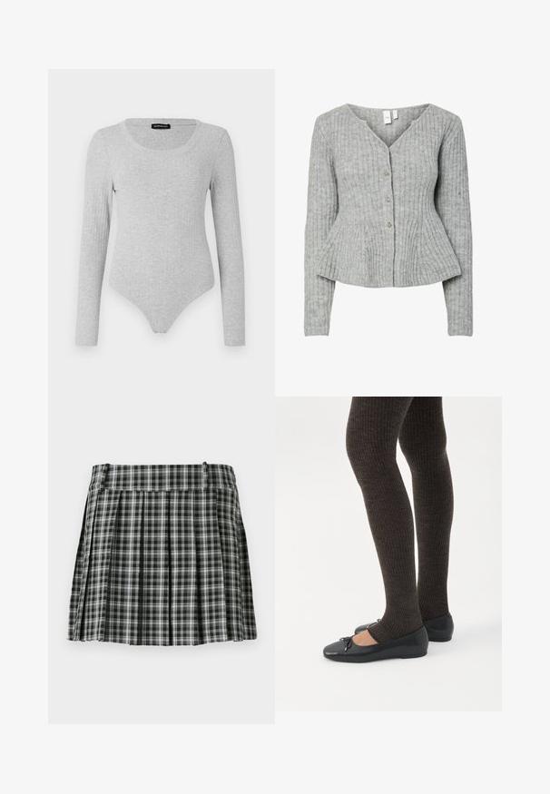Grå ribstrikket cardigan med lange ærmer, V-udskæring og fem sølvfarvede knapper foran. Har en figursyet talje og tekstureret stof.; Langærmet bodysuit i lysegrå ribbet stof, med en scoop-udskæring og en tætsiddende silhuet samt en thong-style bund.; Sort-hvidt ternet plisseret nederdel med en glat talje og flere lodrette folder. Fremstillet af let stof.; Ben iført mørke ribbede leggings kombineret med sorte balletsko med små sløjfedetaljer på hvid baggrund.