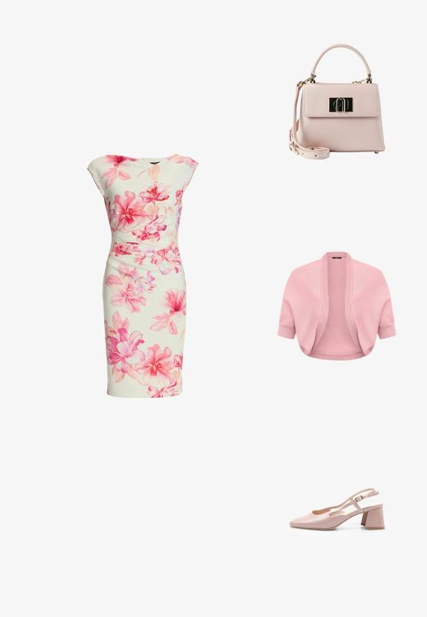 Zacht roze gebreide shrug met korte mouwen, geribbelde open voorkant en aangesloten boorden, ontworpen om over tops of jurken te dragen.; Witte kokerjurk met roze bloemenprint, mouwloos ontwerp en een getailleerde taille, geschikt voor formele of informele gelegenheden.; Roze gepatineerde leren slingback schoen met een vierkante neus, verstelbare strap en blokhak. Glad oppervlak en minimalistisch ontwerp.; Kleine lichtroze leren handtas met bovenhandgreep, afneembare schouderband en goudkleurige rechthoekige sluiting op de voorklep.