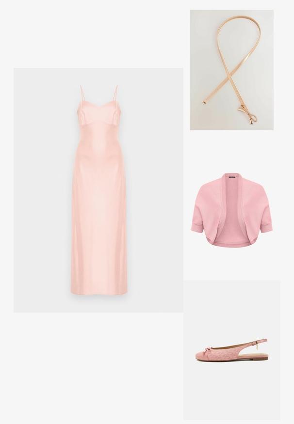 Weicher, rosa gestrickter Bolero mit kurzen Ärmeln, geripptem offenem Vorderteil und enganliegenden Bündchen, entworfen zum Überziehen über Oberteile oder Kleider.; Langes, hellrosa Satinkleid mit dünnen Spaghettiträgern und figurbetontem Oberteil, vor einem schlichten weißen Hintergrund präsentiert.; Pink flacher Slingback-Schuh aus strukturiertem Stoff, Schleife an der abgerundeten Spitze, Knöchelriemen mit goldener Schnalle und Charm, sowie flache braune Sohle.; Roségoldenes Haarband mit strukturierter Oberfläche und einer Schleifenakzentuierung an einem Ende. Das Band ist schlank und elegant geformt, ideal für Accessoires.