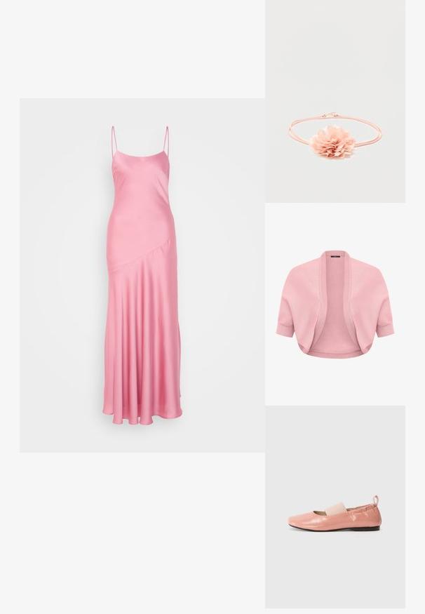 Cardigan court en maille rose pâle avec manches courtes, devant ouvert en côtes, poignets ajustés, conçu pour être superposé sur des hauts ou des robes.; Robe maxi en satin rose avec de fines bretelles spaghetti, une légère brillance et un détail de couture en diagonale à l'avant, descendant vers un ourlet évasé.; Ballerines synthétiques roses avec une texture brillante, un bout carré et une bande élastique douce sur le cou-de-pied. Semelle en caoutchouc noire et tirette à l'arrière.; Bandeau élastique rose avec une fleur en tissu doux aux pétales superposés au centre sur fond blanc.
