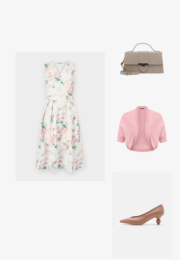 Cardigan court en maille rose pâle avec manches courtes, devant ouvert en côtes, poignets ajustés, conçu pour être superposé sur des hauts ou des robes.; Robe midi blanche sans manches avec imprimé floral aquarelle pastel, corsage cache-cœur en V, taille cintrée et jupe plissée.; Weekend Max Mara RENZA - Escarpins - nudo; LANCASTER PARIS ILY - Sac à main - beigefonce