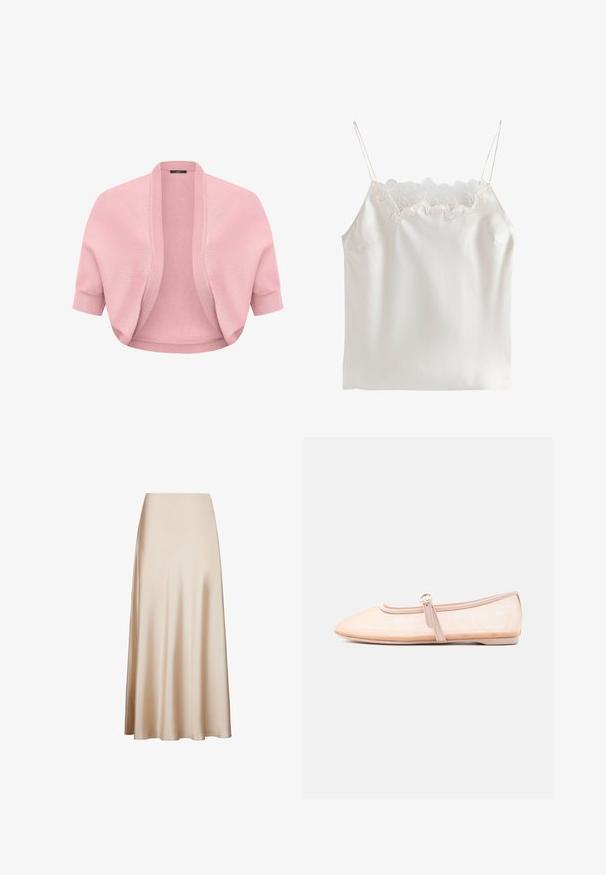 Blød lyserød strikket shrug med korte ærmer, ribbet åben front og tætsiddende manchetter, designet til at blive brugt som lag over toppe eller kjoler.; Hvid satin camisole med tynde stropper og blomsterblonde langs den firkantede udskæring.; Satin midi-nederdel i beige med en glat tekstur og en udvidet design fra talje til søm, med en A-formet silhuet. Ingen synlige mønstre eller accenter.; Lys beige flad sko med spidst tåparti og en enkelt rem med spænde på siden, vist på en ensfarvet hvid baggrund.