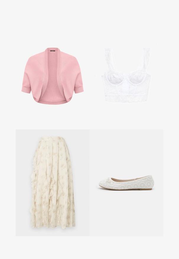 Blød lyserød strikket shrug med korte ærmer, ribbet åben front og tætsiddende manchetter, designet til at blive brugt som lag over toppe eller kjoler.; Hvid blonde bralette med en struktureret design, justerbare stropper, blomster mønstre og en bølget kant langs udskæringen og kanten.; Lang cremefarvet nederdel med diskret blomsterprint og faldende flæsedetaljer, lavet af let, gennemsigtigt stof.; Hvid blonde balletflade med rund tå, dekorativ sløjfe på forfoden og en flad tan sål. Blonden har et blomster mønster.
