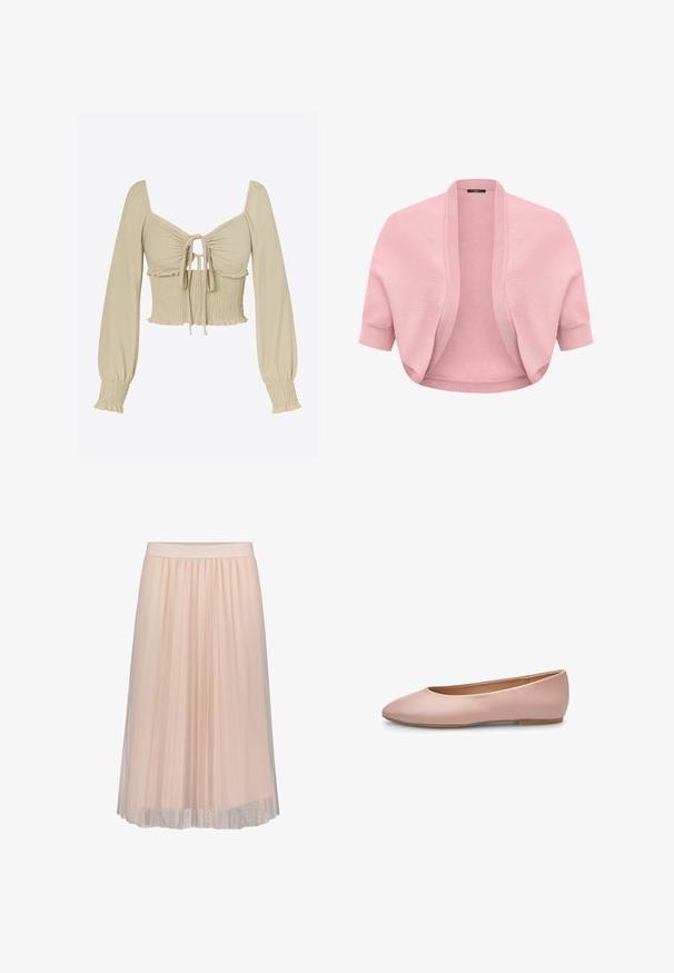 Blød lyserød strikket shrug med korte ærmer, ribbet åben front og tætsiddende manchetter, designet til at blive brugt som lag over toppe eller kjoler.; Lysebeige cropped top i glat stof; har lange, puffede ærmer, ét sammentrukket bryst med bindefront og smockdetalje ved taljen.; Lys pink, knælang nederdel lavet af plisseret tyl med en elastisk talje og lagdelt, gennemsigtig tekstur ved kanten.; Lyserød ballerina i læder med spids tå, glat tekstur, få detaljer og en solid lys brun sål. Enkelt design uden pynt.