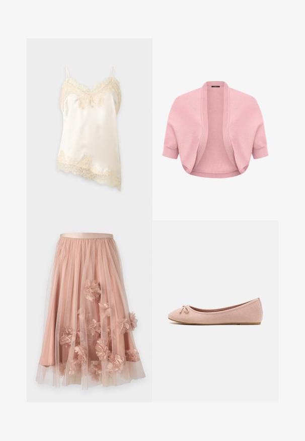 Cardigan court en maille rose pâle avec manches courtes, devant ouvert en côtes, poignets ajustés, conçu pour être superposé sur des hauts ou des robes.; Caraco en satin de couleur crème avec une délicate bordure en dentelle le long de l'encolure, de l'ourlet et des fines bretelles sur un fond uni.; Jupe en tulle rose pâle avec une ceinture en satin. Comprend plusieurs couches de tissu transparent et des appliqués floraux en trois dimensions sur toute la surface.; Des ballerines en suede rose doux avec un bout arrondi et un petit nœud sur le devant, dotées d'une semelle plate basse.