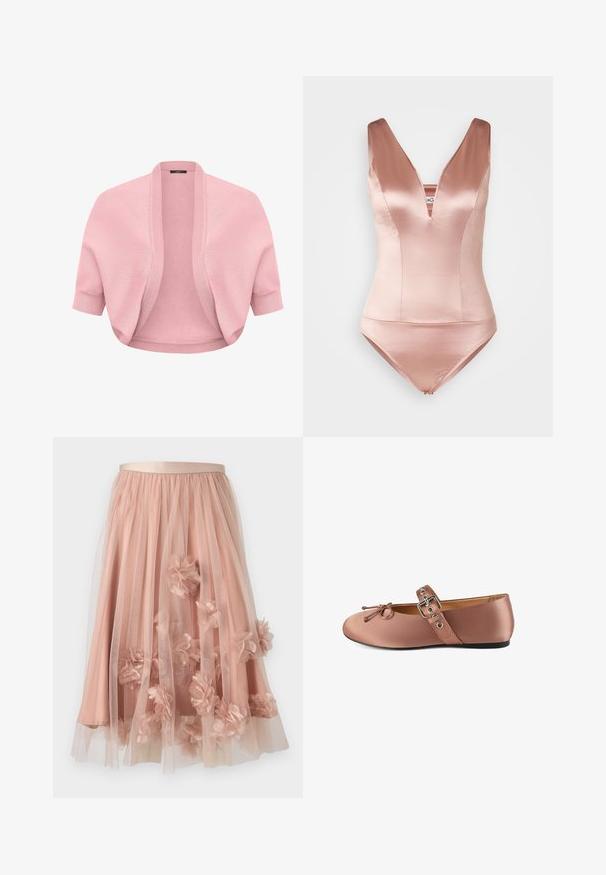 Cardigan court en maille rose pâle avec manches courtes, devant ouvert en côtes, poignets ajustés, conçu pour être superposé sur des hauts ou des robes.; Maillot de bain en satin rose avec un décolleté en V profond et de larges bretelles. Comprend un corsage ajusté et une culotte courte. Texture lisse.; Jupe en tulle rose pâle avec une ceinture en satin. Comprend plusieurs couches de tissu transparent et des appliqués floraux en trois dimensions sur toute la surface.; Ballet flats en satin rose avec bout rond, nœud décoratif et bride de cheville avec boucle en argent et œillets. Semelle plate noire.