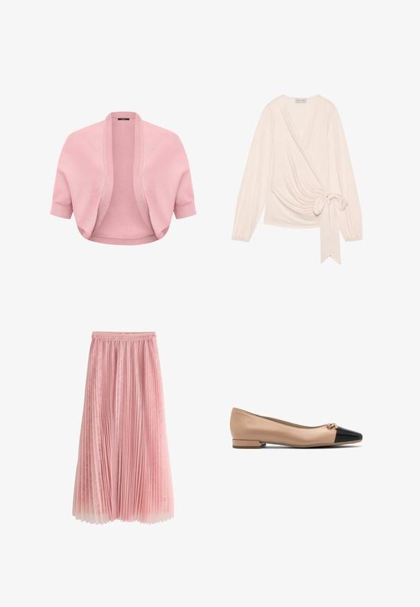 Weicher, rosa gestrickter Bolero mit kurzen Ärmeln, geripptem offenem Vorderteil und enganliegenden Bündchen, entworfen zum Überziehen über Oberteile oder Kleider.; Oberteil aus weichem, hellrosa Stoff. Mit langen Ärmeln, einem Bindeband in der Taille und sanften Drapierungen an der Vorderseite.; Rosa plissierter Midirock mit einer Spitzenunterlage und einem gerafften Taillenbund, dargestellt auf einem weißen Hintergrund.; Beige Leder Ballerinas mit einer schwarzen Kappe und einer kleinen Schleifendetail an der Vorderseite, ausgestattet mit einem niedrigen Blockabsatz für zusätzlichen Halt.