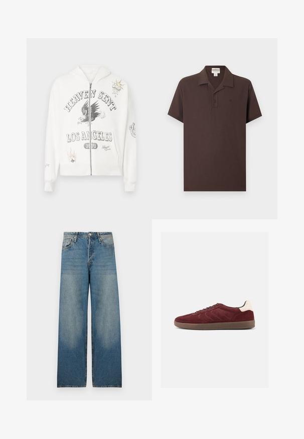 Hvid zip-up hoodie med grafisk tekst "HEAVEN SENT LOS ANGELES 1971", et ørnedesign og dekorative patches, herunder en sol og et spillekort.; Mørkebrun kortærmet polo med to knapper, en nedfoldet krave og et lille broderet logo på venstre bryst.; Lyseblå bredbenede jeans i denimstof med høj talje, fem-lomme design og slidte områder for et vintage look.; Bordeaux ruskindsneaker med snørelukning foran, tekstureret sideudformning og lysfarvet hælaccents. Gummisål med glat finish.