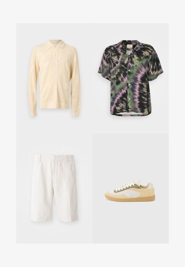 Cardigan beige à manches longues avec boutons, motifs floraux texturés et col replié, présenté sur un fond gris neutre.; Chemise à manches courtes à boutons avec un motif tie-dye noir, vert et rose. Elle présente une coupe décontractée et un col classique. Tissu léger.; Shorts en lin beige clair avec une taille élastique, poches latérales et une coupe droite. Texture lisse avec des coutures minimales visibles.; Baskets basses en daim beige, panneaux en maille blanche, accents olive, lacets blancs et semelle en caoutchouc naturel sur fond gris clair.