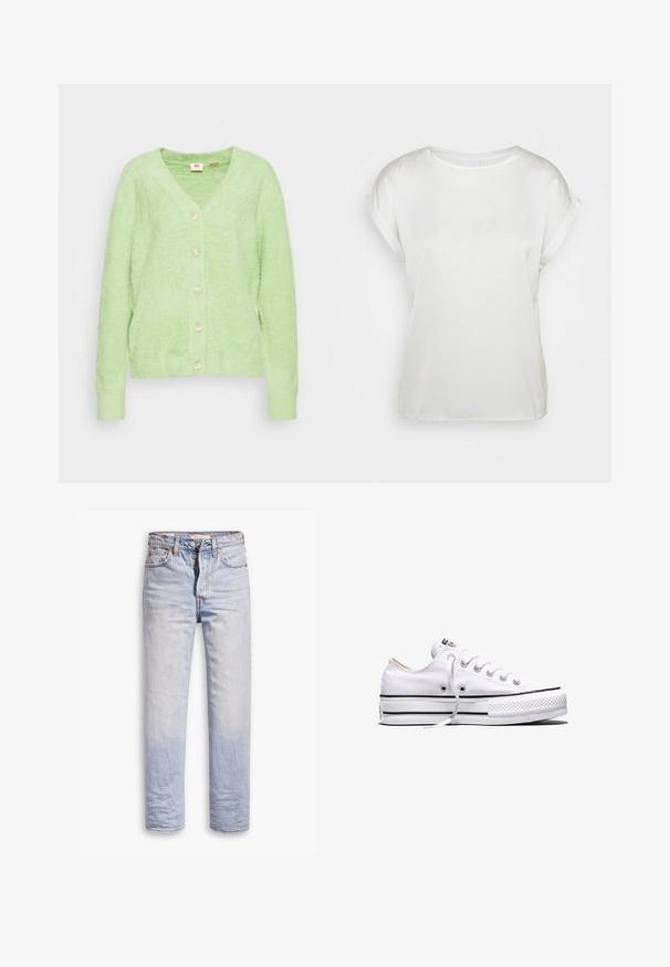 Lys grøn, fluffy cardigan med V-hals og seks cremefarvede knapper foran. Ribbet manchetter og kant, blød tekstur, afslappet design.; Hvid satin kortærmet top med rund halsudskæring. Glat tekstur og løs pasform. Omdrejede ærmekanter tilføjer subtil detalje. Minimalistisk design.; Lyseblå denimjeans med lige ben, der har en knaplukning, fem lommer og en diskret falmning langs benene.; Hvid lavtop lærredssneakers med hvide snørebånd, sorte striber på sålen og gummieret tekstureret tåhætte, sidevendt på hvid baggrund.