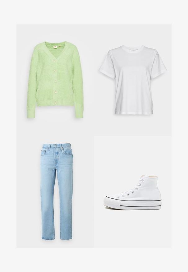 Cardigan de color verde claro, esponjoso, con cuello en V y seis botones crema en la parte delantera. Puños y dobladillo acanalados, textura suave, diseño casual.; Camiseta de algodón blanca con mangas cortas, cuello redondo y un ajuste relajado. Textura suave, sin estampados ni gráficos, diseño básico.; Vaqueros azul claro de talle alto y pierna recta con bolsillos delanteros y traseros, trabillas para el cinturón y cierre de botón.; Zapatillas altas blancas de material de lienzo, con suela de goma negra y una franja negra en el mediopie. Punta circular y diseño de cordones.