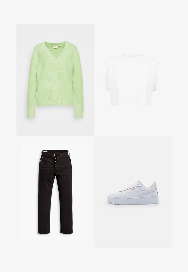 Lys grøn, fluffy cardigan med V-hals og seks cremefarvede knapper foran. Ribbet manchetter og kant, blød tekstur, afslappet design.; Hvid cropped t-shirt, korte ærmer, rund halsudskæring, lavet af blødt stof, uden synlige mønstre eller distinkt hardware.; Sorte lige jeans med knaplukning, front- og baglommer samt kobbernitte detaljer på en hvid baggrund.; Hvide lædersneakers med en kraftig sål, der har en glat overflade, minimalistisk design, side-striber og en lille logo detalje.