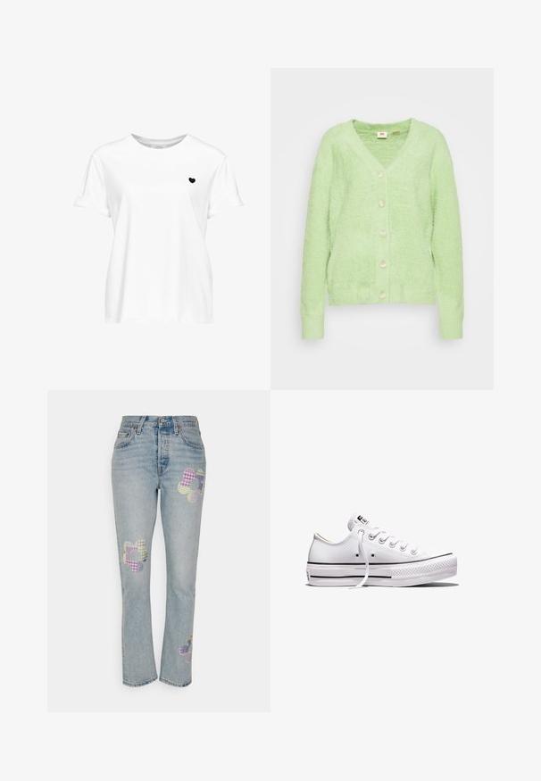 Cardigan vert clair et duveteux avec un col en V et six boutons crème sur le devant. Manches à bord-côte et ourlet, texture douce, design décontracté.; T-shirt blanc à manches courtes avec un petit motif cœur noir sur la poitrine gauche et un col rond.; Jean bleu clair avec une coupe droite, mettant en avant trois motifs de fleurs en patchwork multicolores sur le devant.; Baskets basses en toile blanche avec lacets blancs, semelle en caoutchouc, détails à rayures noires, et écusson logo sur la languette et le talon.