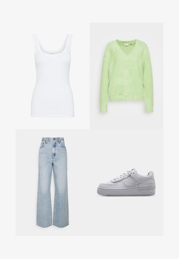 Lys grøn, fluffy cardigan med V-hals og seks cremefarvede knapper foran. Ribbet manchetter og kant, blød tekstur, afslappet design.; Hvid tanktop med rund udskæring, brede skulderstropper og tætsiddende design, lavet af et glat, strækbart stof.; Lysblå denim brede ben jeans med høj talje, klassisk fem-lomme design og kontrasterende syninger. Uslebne kanter i bunden.; Grå Nike Air Force 1 sneakers med perforeret tå, glat læderoverdel, tyk sål og præget 'AIR' detalje på hælen.