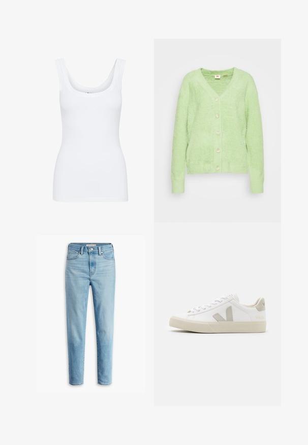 Hellgrüner, flauschiger Cardigan mit V-Ausschnitt und sechs cremefarbenen Knöpfen auf der Vorderseite. Rippbündchen und Saum, weiche Textur, lässiges Design.; Weißes Tanktop mit rundem Ausschnitt, breiten Schulterträgern und tailliertem Schnitt, aus einem glatten, dehnbaren Stoff gefertigt.; Helle blaue, hoch geschnittene Jeans mit Fronttaschen, Gürtelschlaufen, Knopfverschluss und schmal zulaufenden Beinen vor einem weißen Hintergrund.; Weiße Sneaker aus Leder mit grauen V-Logo-Akzenten, strukturiertem Gummiabsatz, weißen Schnürsenkeln sowie gepolstertem Zungen- und Knöchelbereich.