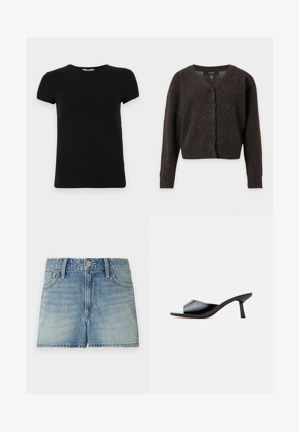 Cardigan de punto borroso color marrón oscuro con mangas largas, escote redondo y pequeños botones cubiertos de tela en la parte delantera.; Camiseta negra de manga corta con cuello redondo, hecha de suave tela de algodón, que presenta un diseño simple y sin patrones ni acentos visibles.; Pantalones cortos de mezclilla azul claro con botón frontal, cremallera, presillas para cinturón y bolsillos delanteros, colocados planos sobre un fondo blanco.; Mula de charol negro con punta abierta, tacón bajo y delgado, y diseño deslizable sobre un fondo gris claro.